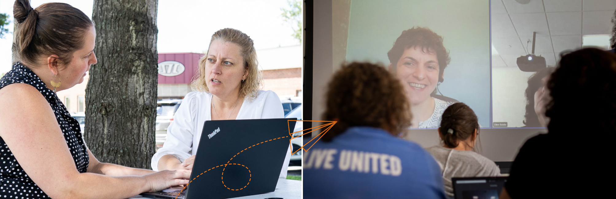 Two photos. One of resource coordinator Hayley Shriner sitting with a laptop at a picnic table talking with an employer outside of the superior technical ceramics building. And a photo of United Way staff looking at a projected virtual presentation with Dr.Houser of All Brains Belong Vermont on the screen