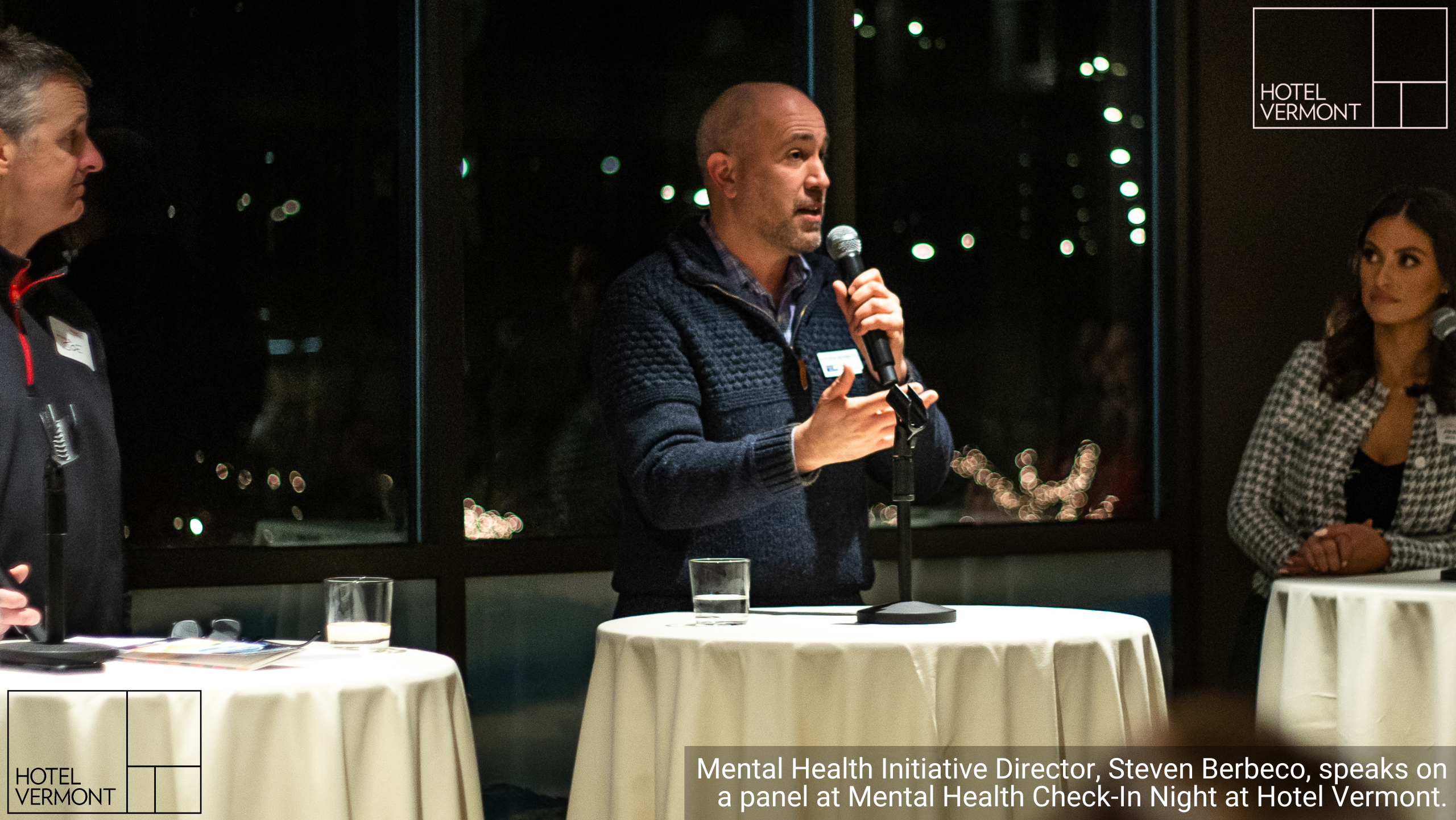 United Way Mental Health Initiative Director Steven Berbeco speaks on a panel at Hotel Vermont's Mental Health Check-in Night